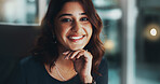 Night, confidence and portrait of Indian woman in office with smile, opportunity and ambition at startup agency. Business, professional and happy consultant with pride, overtime and working late.