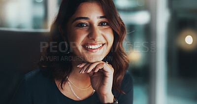 Buy stock photo Night, confidence and portrait of Indian woman in office with smile, opportunity and ambition at startup agency. Business, professional and happy consultant with pride, overtime and working late.