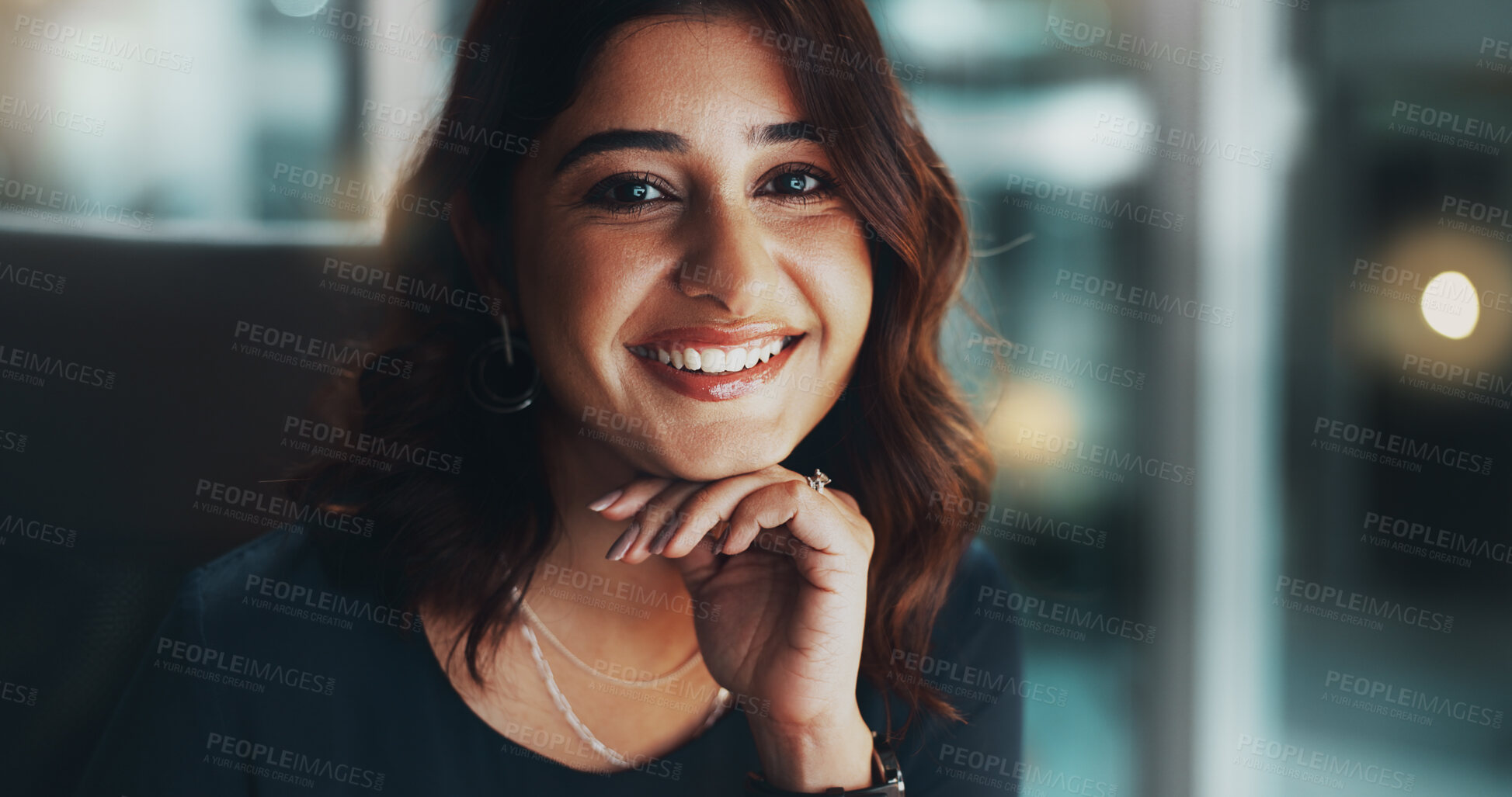 Buy stock photo Night, confidence and portrait of Indian woman in office with smile, opportunity and ambition at startup agency. Business, professional and happy consultant with pride, overtime and working late.