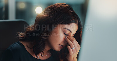 Buy stock photo Night, woman and headache in office for business, overwhelmed and frustrated at computer. Accountant, stress and tech at desk with error, company finance crisis and burnout with fear for bankruptcy