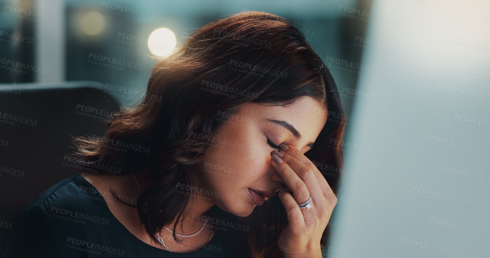 Buy stock photo Night, woman and headache in office for business, overwhelmed and frustrated at computer. Accountant, stress and tech at desk with error, company finance crisis and burnout with fear for bankruptcy