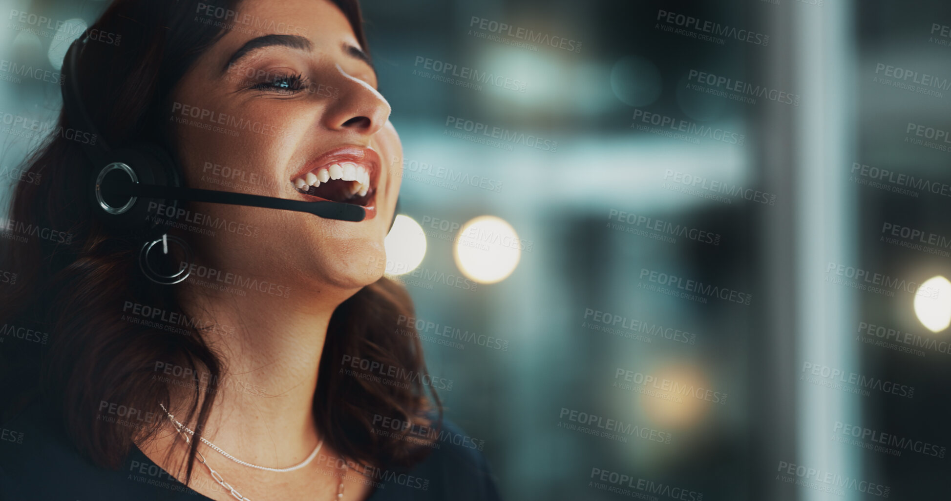 Buy stock photo Call center, happy and woman in office at night for international technical support consultation online. Headset, audio tech and customer service agent with multilingual translation for global client