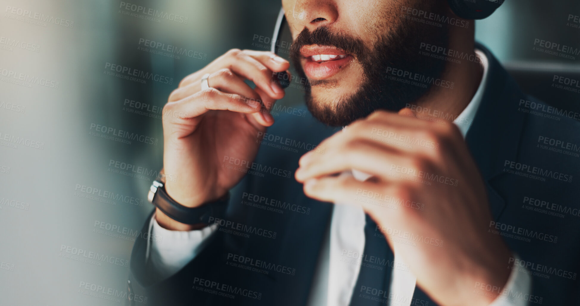 Buy stock photo Call center, talking and mouth of man in office at night for international technical support consultation online. Headset, tech and customer service agent with multilingual translation for client.