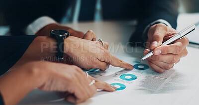 Buy stock photo Hands, document and business people in office for signature on corporate agreement with statistics. Meeting, finance paperwork and hr with candidate for filling recruitment contract for onboarding.