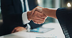 Tablet, finance and business people in office with handshake, deal and agreement for b2b collaboration. Partnership, man and client shaking hands welcome, online registration and project success.