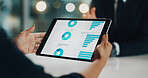 Tablet, hands or meeting in office with chart, statistics or results for company growth or goal. Technology, people or data on screen for comparison, information or data report for financial planning