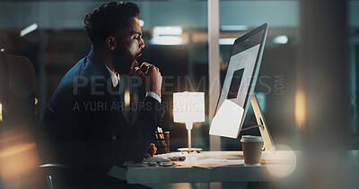 Buy stock photo Night, man and tired at computer for business, fatigue and overworked in office. Accountant, burnout and yawn at tech screen with boredom, exhausted and working overtime for deadline and commitment