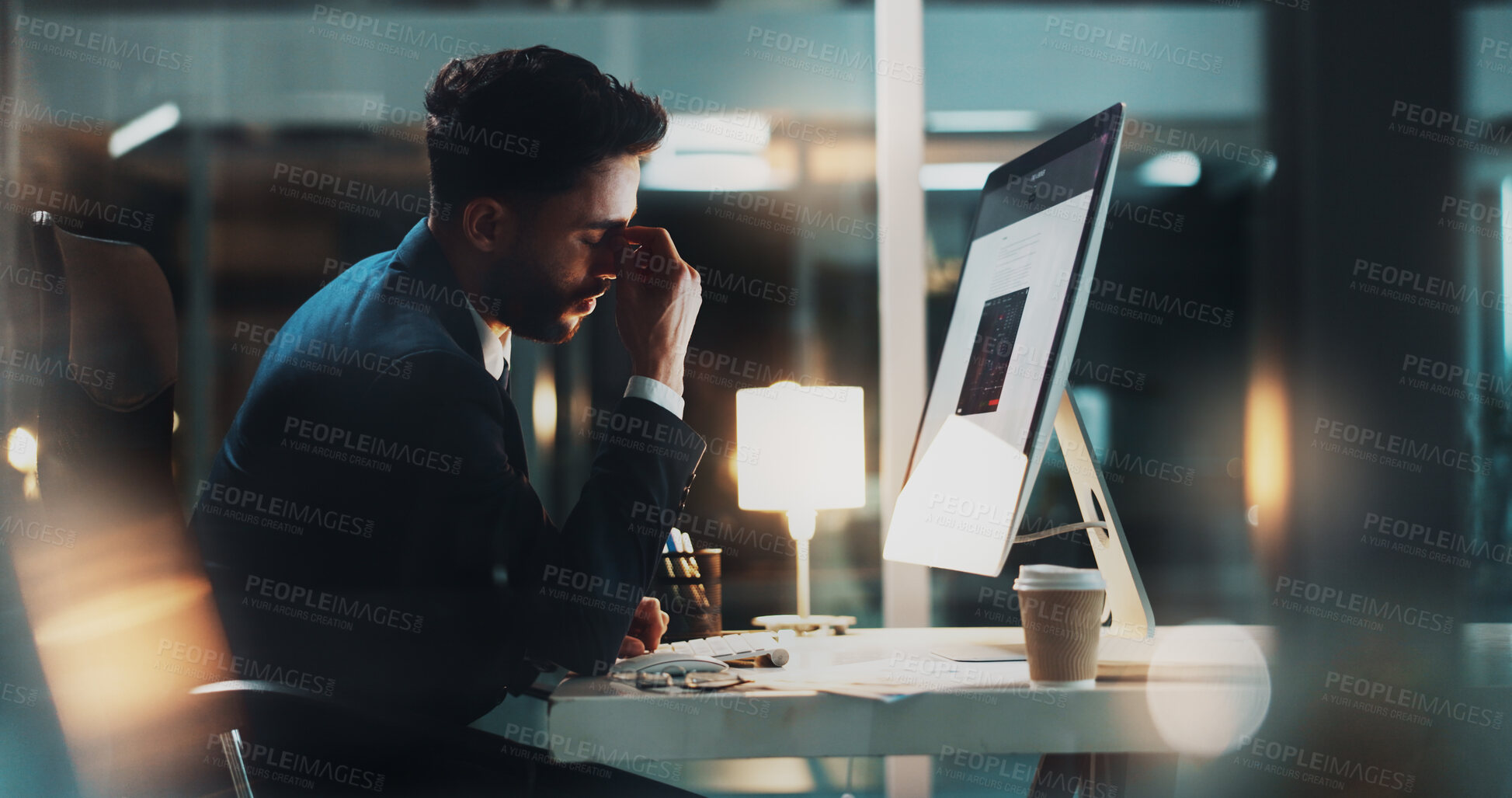 Buy stock photo Burnout, computer and night with business man at desk in office for administration deadline. Eye strain, headache and stress with reaction of employee in workplace for error, fail or mistake