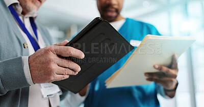 Buy stock photo Healthcare, nurse and hands with tablet, collaboration and professional with documents and clinic. Medical, paperwork and reading of report, records and info of form, people and manager in hospital