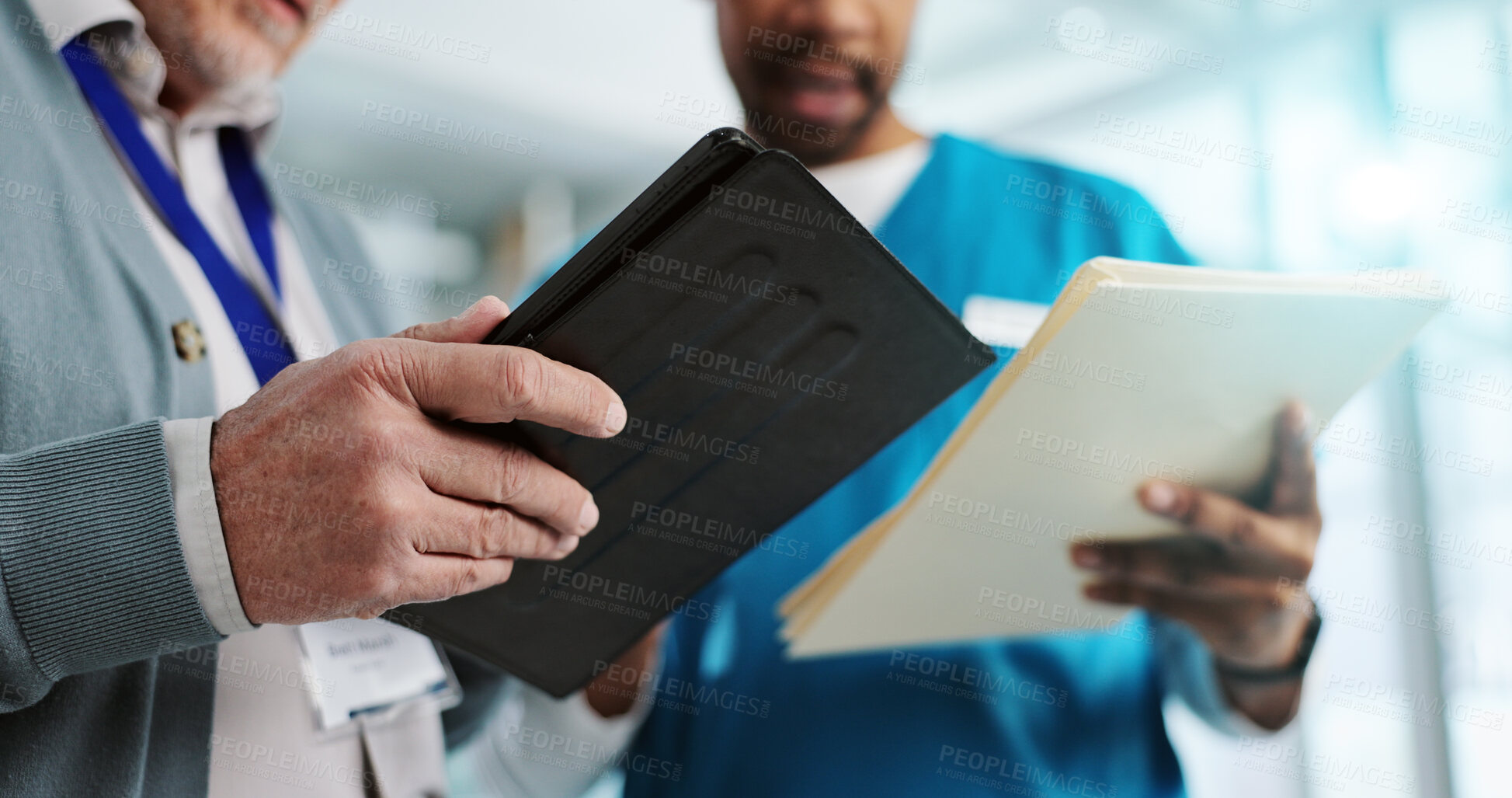 Buy stock photo Healthcare, nurse and hands with tablet, collaboration and professional with documents and clinic. Medical, paperwork and reading of report, records and info of form, people and manager in hospital