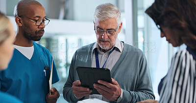 Buy stock photo Medical team, tablet and meeting in hospital for planning, innovation and research for surgery. Mature executive, people and tech in lobby with results, advice and professional opinion for healthcare