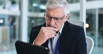 Buy stock photo Man, tablet or reading in hospital for healthcare, financial planning or thinking in boardroom. Mature executive, tech or research in private facility for funding opportunity or insurance information