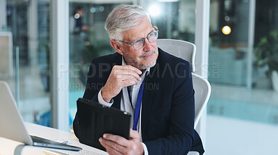 Buy stock photo Mature man, office and tablet with reading, thinking and planning for business deal or negotiation. Male person, ideas and communication for email, website and project management in firm or company