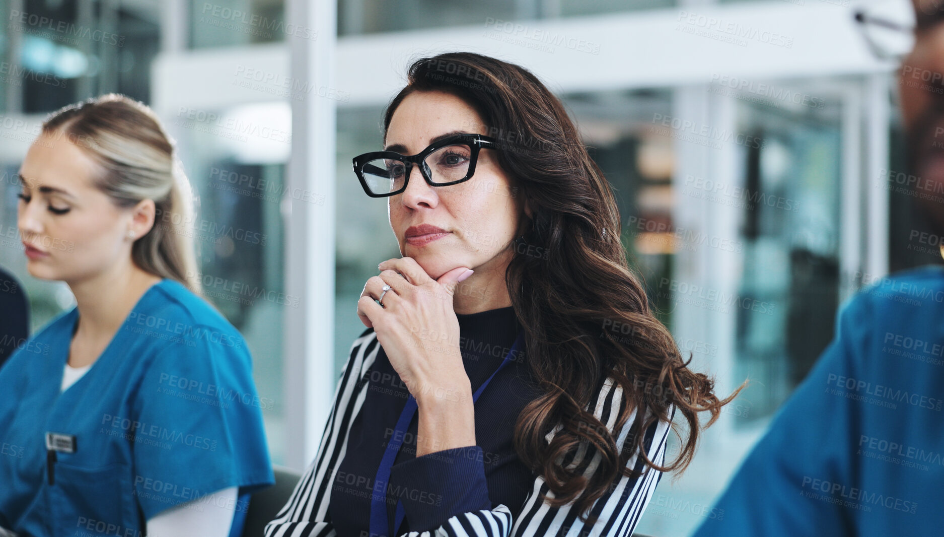 Buy stock photo Woman, medical team and thinking for collaboration, advice and support for surgery or patient records. Doctors, brainstorming and professional opinion for idea, results and healthcare as hospital CEO