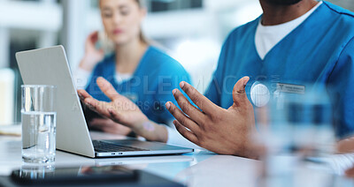 Buy stock photo Laptop, meeting and hands of doctors in hospital with research for IRB approval for surgery. Healthcare, tech and medical team in discussion for pharmaceutical science update for treatment in clinic.