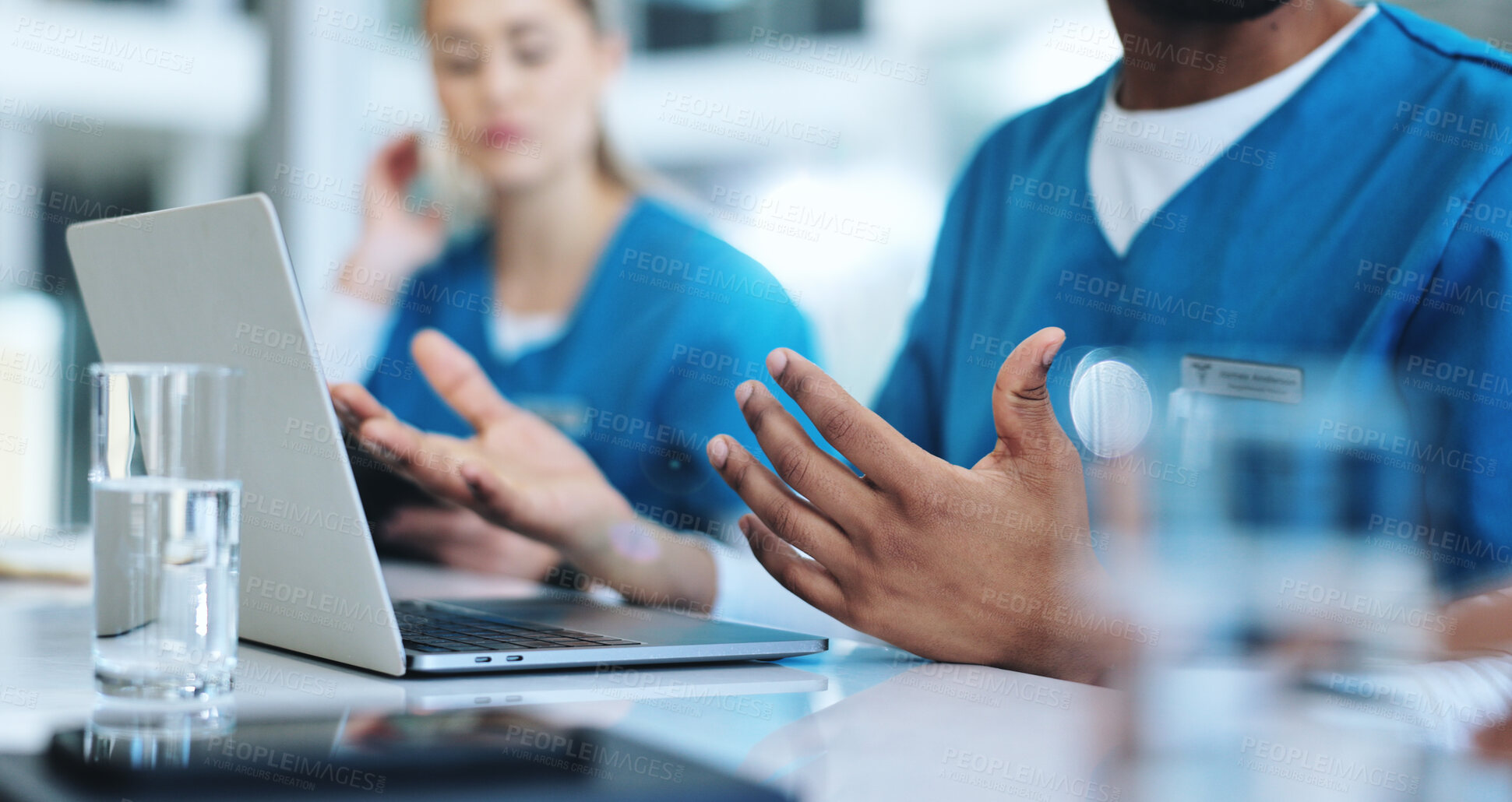 Buy stock photo Laptop, meeting and hands of doctors in hospital with research for IRB approval for surgery. Healthcare, tech and medical team in discussion for pharmaceutical science update for treatment in clinic.