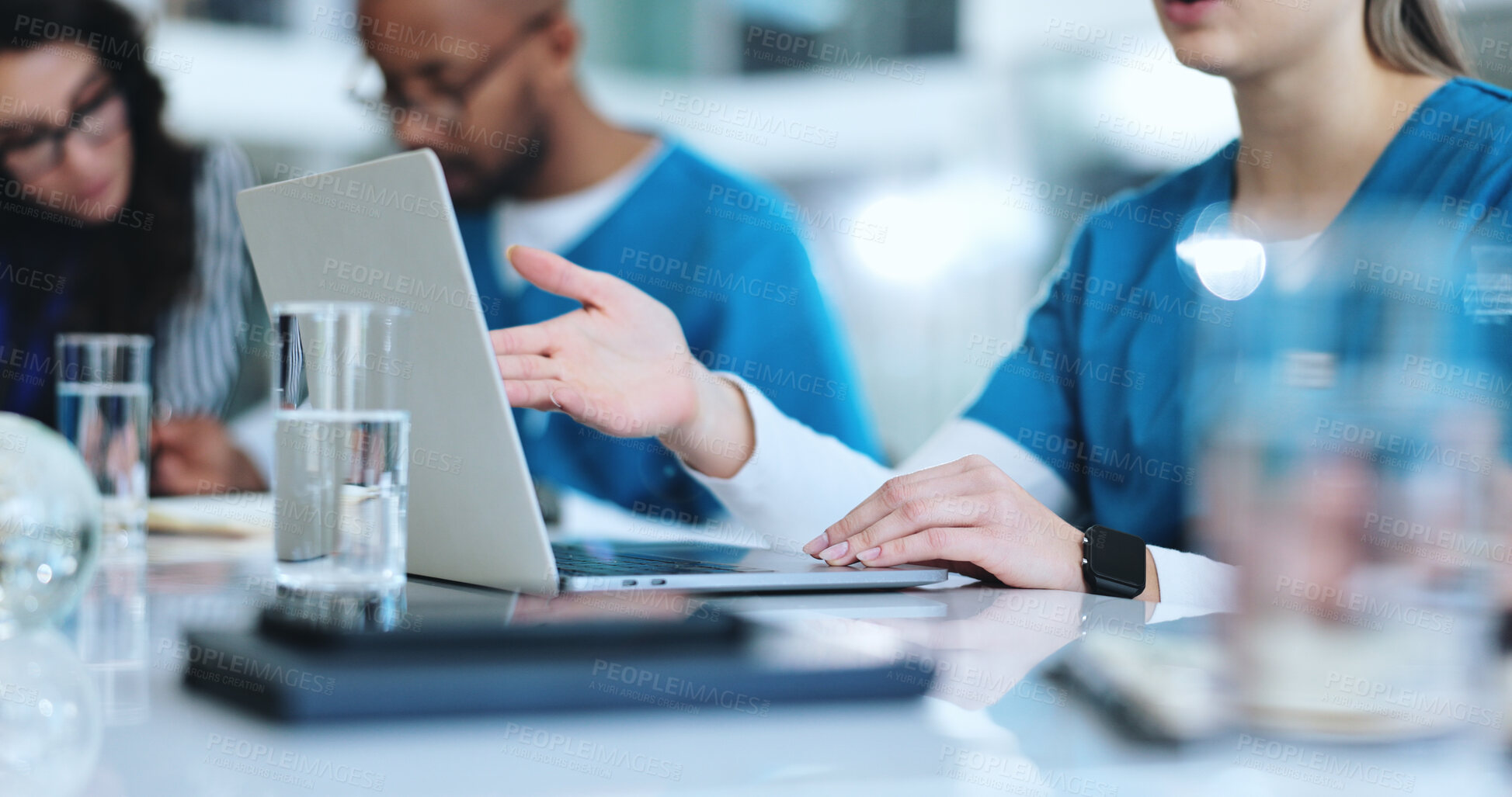 Buy stock photo Laptop, meeting and hands of doctors in clinic with research for IRB approval for surgery. Healthcare, tech and medical team in discussion for pharmaceutical science update for treatment in hospital.