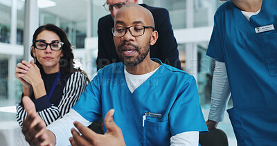 Buy stock photo People, medical team and support in collaboration, advice and discussion for surgery or patient records. Doctor, consulting and professional opinion for help, results and health in clinic or hospital