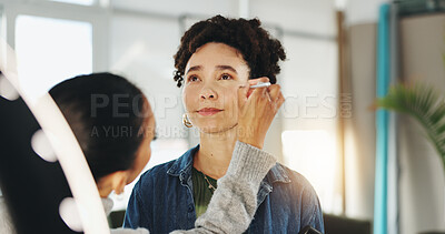 Buy stock photo Artist, backstage and makeup for woman, photoshoot and preparing for fashion show, creative and professional. Production, ring light and cosmetologist with equipment, behind the scene and routine