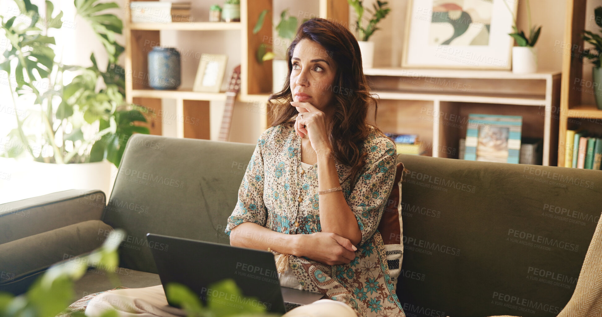 Buy stock photo Home, woman and thinking with laptop on sofa for online travel booking, information and decision. Female person,  relax and idea with tech in lounge for trip plan, web registration and brainstorming