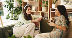 Relax, advice and mature mother with daughter on sofa for bonding, love and support. Care, smile and happy with women in living room of family home for kindness, talking and comfort together