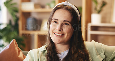 Buy stock photo Home, happy and portrait of woman in living room for enjoyment, satisfaction and break on weekend. Female person, comfortable and face with happiness in house for peace, positivity and resting