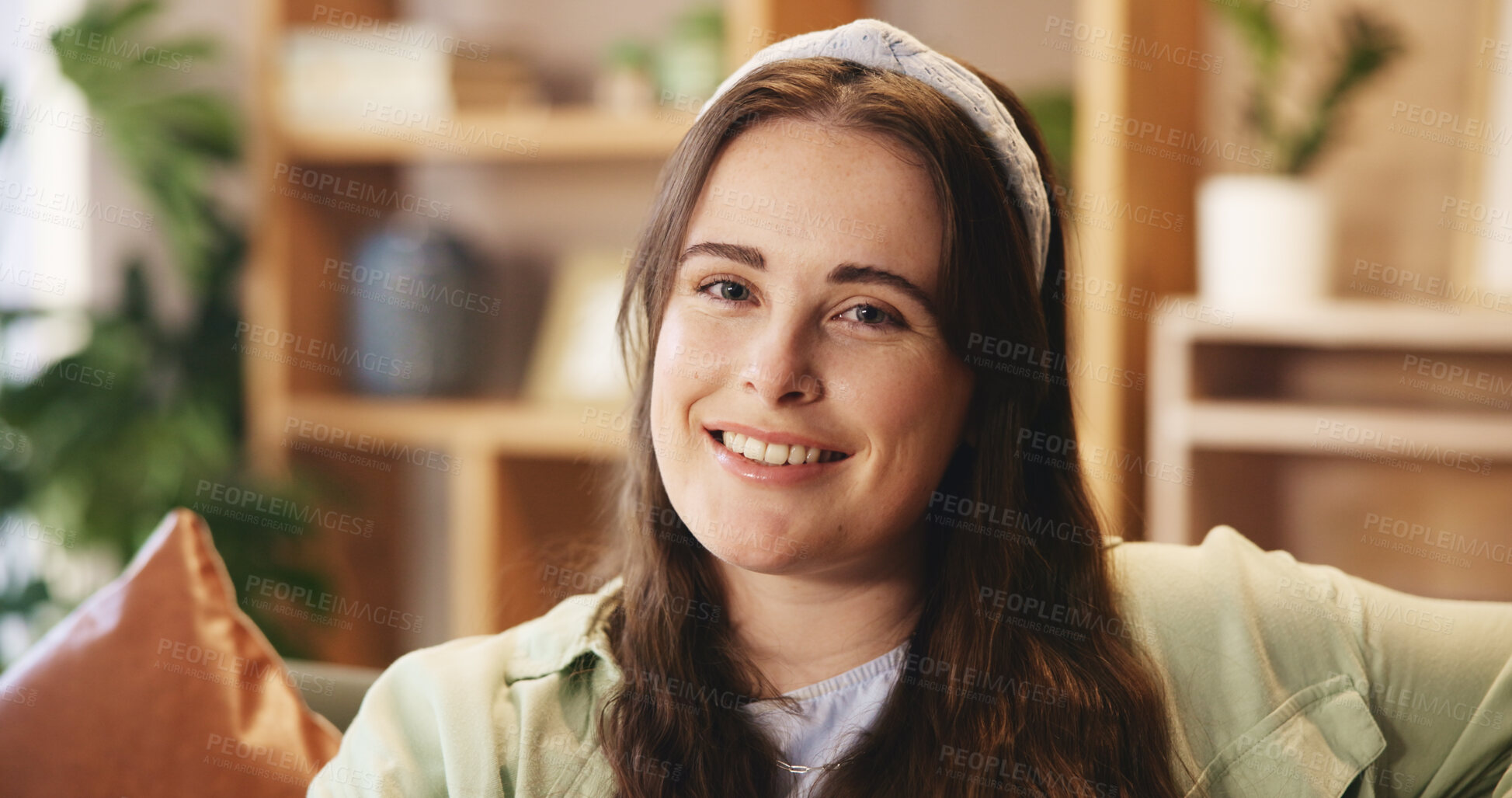 Buy stock photo Home, happy and portrait of woman in living room for enjoyment, satisfaction and break on weekend. Female person, comfortable and face with happiness in house for peace, positivity and resting