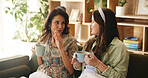 Gossip, coffee and mature mother with daughter on sofa for bonding, love and support. Talking, tea and relax with women in living room of family home for kindness, advice and communication together