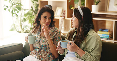 Buy stock photo Gossip, coffee and mature mother with daughter on sofa for bonding, love and support. Talking, tea and relax with women in living room of family home for kindness, advice and communication together