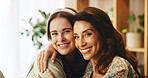 Hug, sofa and portrait of mom with woman for bonding, loving relationship and relax together in home. Happy family, smile and mother with girl on couch with affection, embrace and care in living room