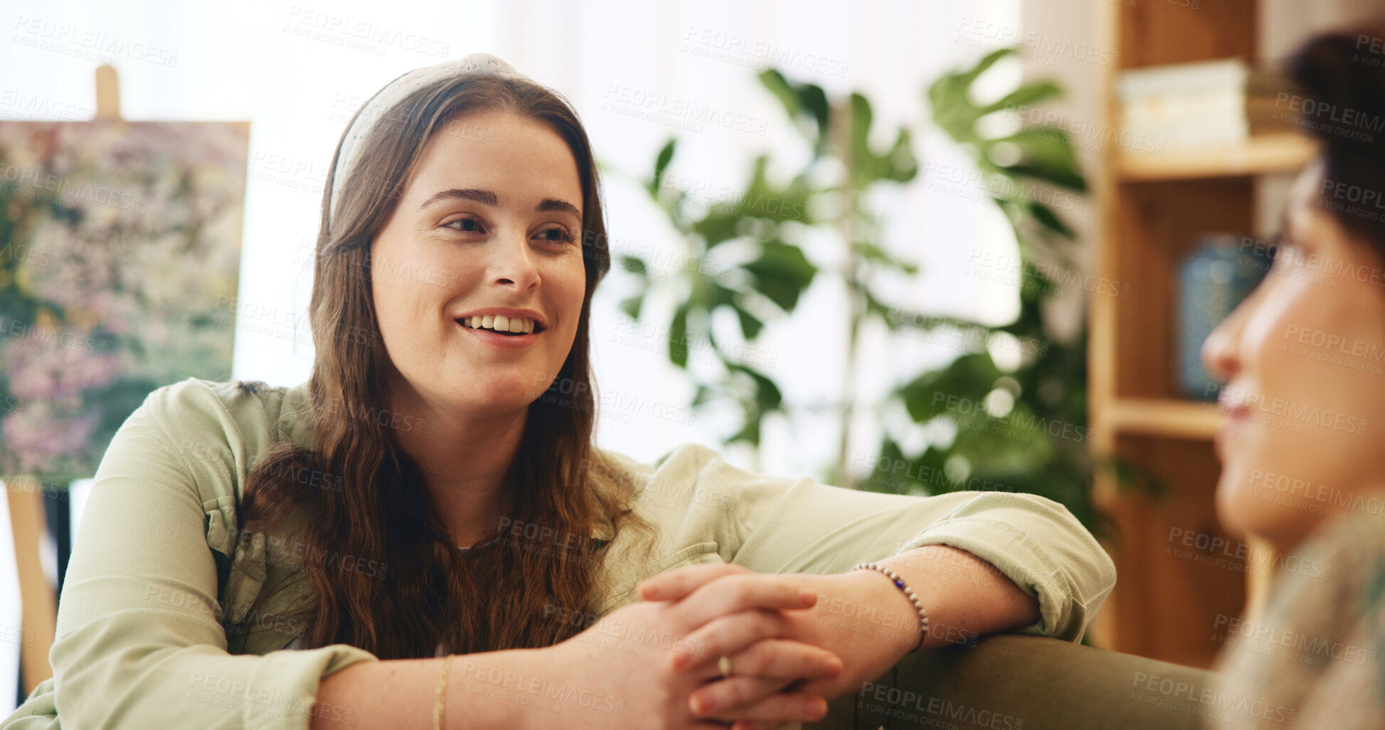 Buy stock photo Love, talking and mature mother with daughter on sofa for bonding, relax and support. Care, smile and happy with women in living room of family home for kindness, advice and comfort together