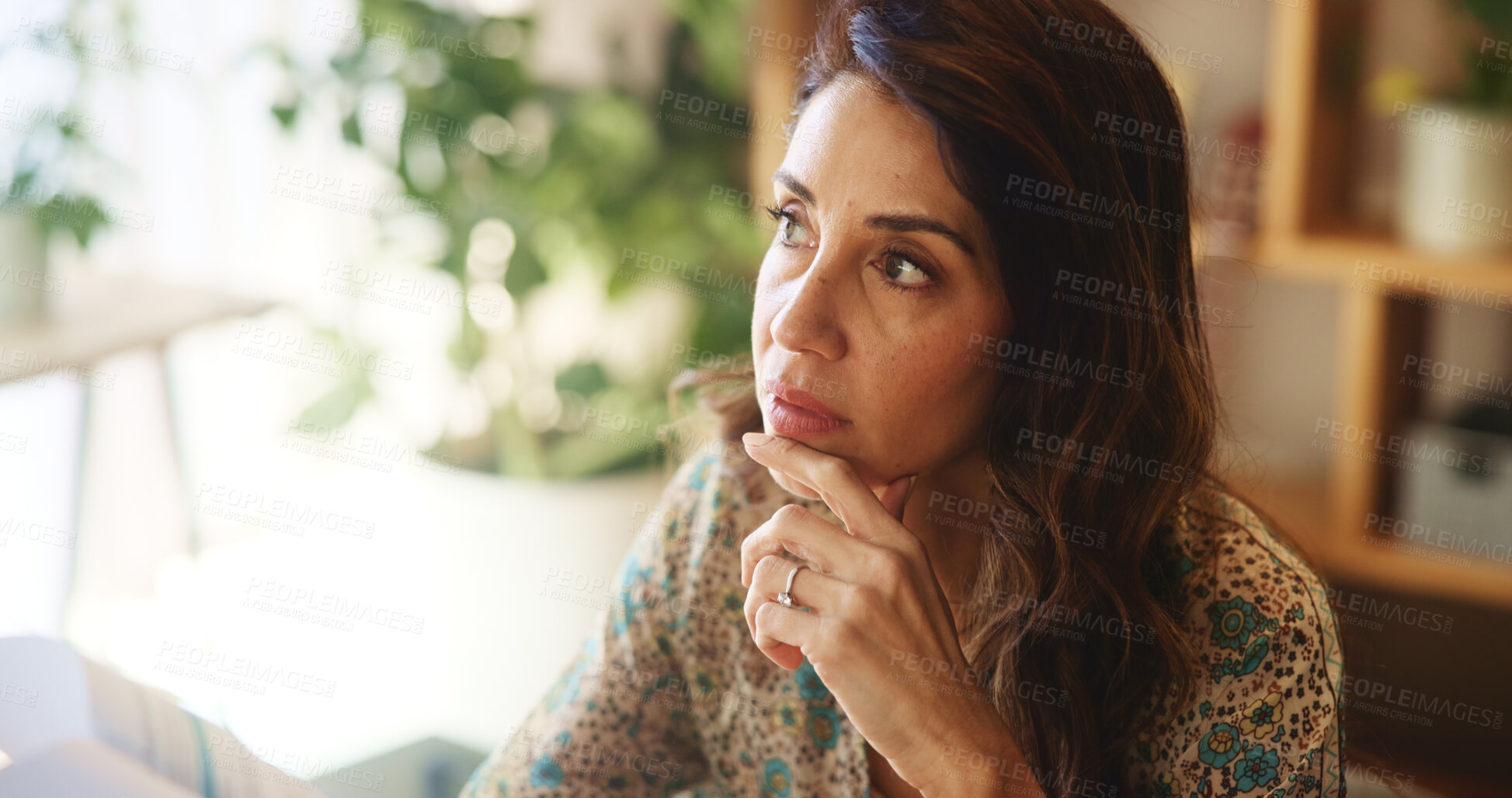 Buy stock photo Doubt, thinking and mature woman in home office with inspiration, reflection or business planning. Remote work, freelance consultant or businesswoman at desk with ideas, brainstorming and insight