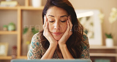 Buy stock photo Stress, tired and woman with laptop in home with deadline for startup copywriting company. Fatigue, burnout and exhausted female freelance journalist with computer for creative online blog website