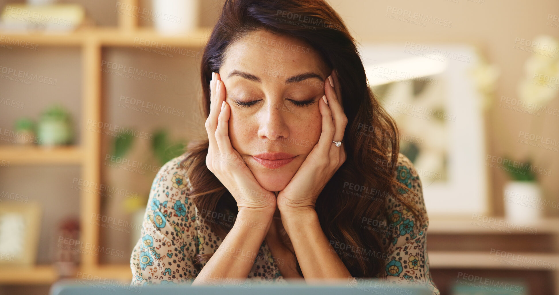 Buy stock photo Stress, tired and woman with laptop in home with deadline for startup copywriting company. Fatigue, burnout and exhausted female freelance journalist with computer for creative online blog website