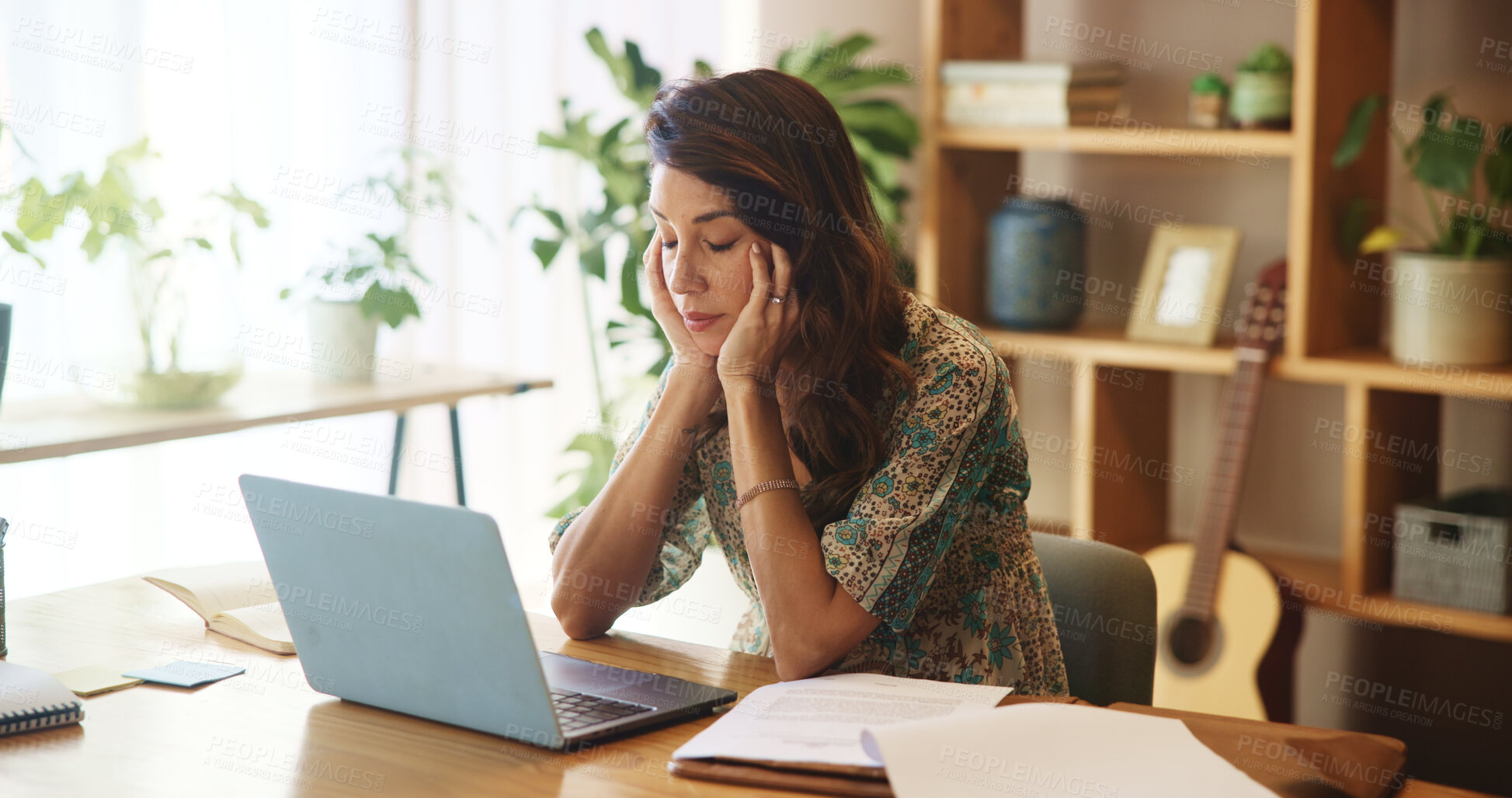 Buy stock photo Burnout, tired and woman with laptop in home with deadline for startup copywriting company. Fatigue, stress and exhausted female freelance journalist with computer for creative online blog website