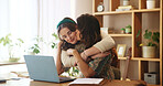 Hug, laptop for remote work and mother with daughter in home office for bonding, kiss or love. Productivity, support or wellness with single parent woman and girl child embracing in apartment