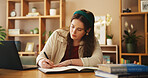 Student, writing and notebook with girl in home office for research, college thesis and online portal. Education, knowledge and elearning with person and laptop for university, school and project