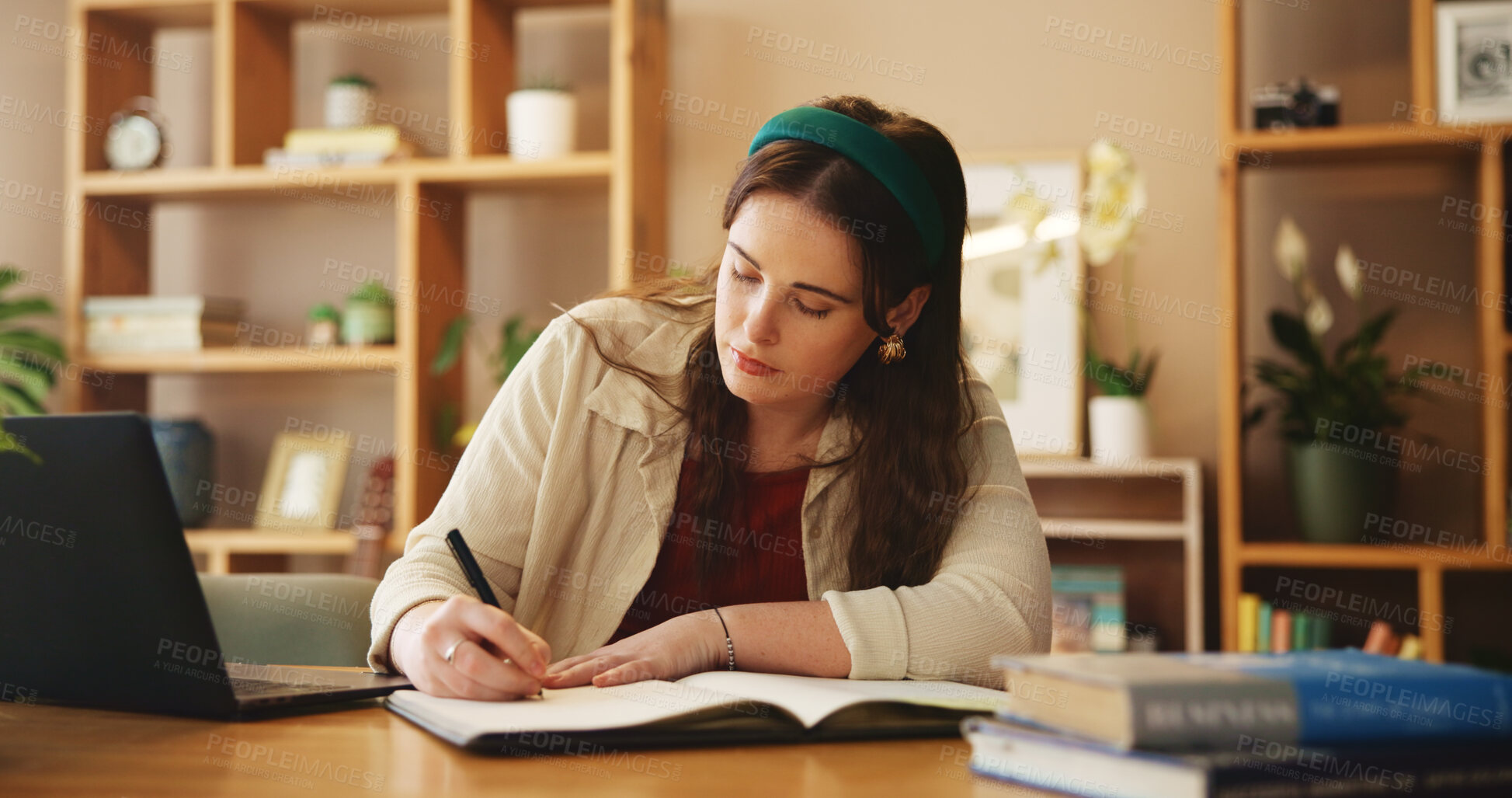 Buy stock photo Student, writing and notebook with girl in home office for research, college thesis and online portal. Education, knowledge and elearning with person and laptop for university, school and project