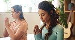 Meditation, prayer hands and mature mother with daughter for health, zen and spiritual wellness. Balance, mindfulness and healing aura with people at home for yoga exercise, awareness and energy