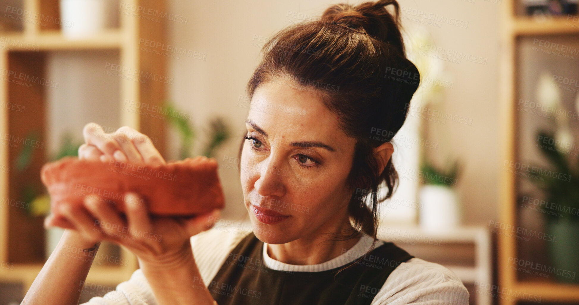 Buy stock photo Pottery store, creative and woman with clay sculpture for molding texture, production and art skills. Form, workshop and mature artist in small business with hobby, shape design and craft project