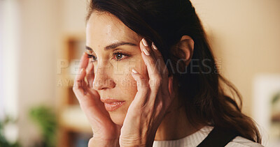 Buy stock photo Home, woman and hands with headache for stress, overthinking or fatigue for freelance deadline. House, female person and designer with massage temple for migraine, burnout or pain strain in apartment