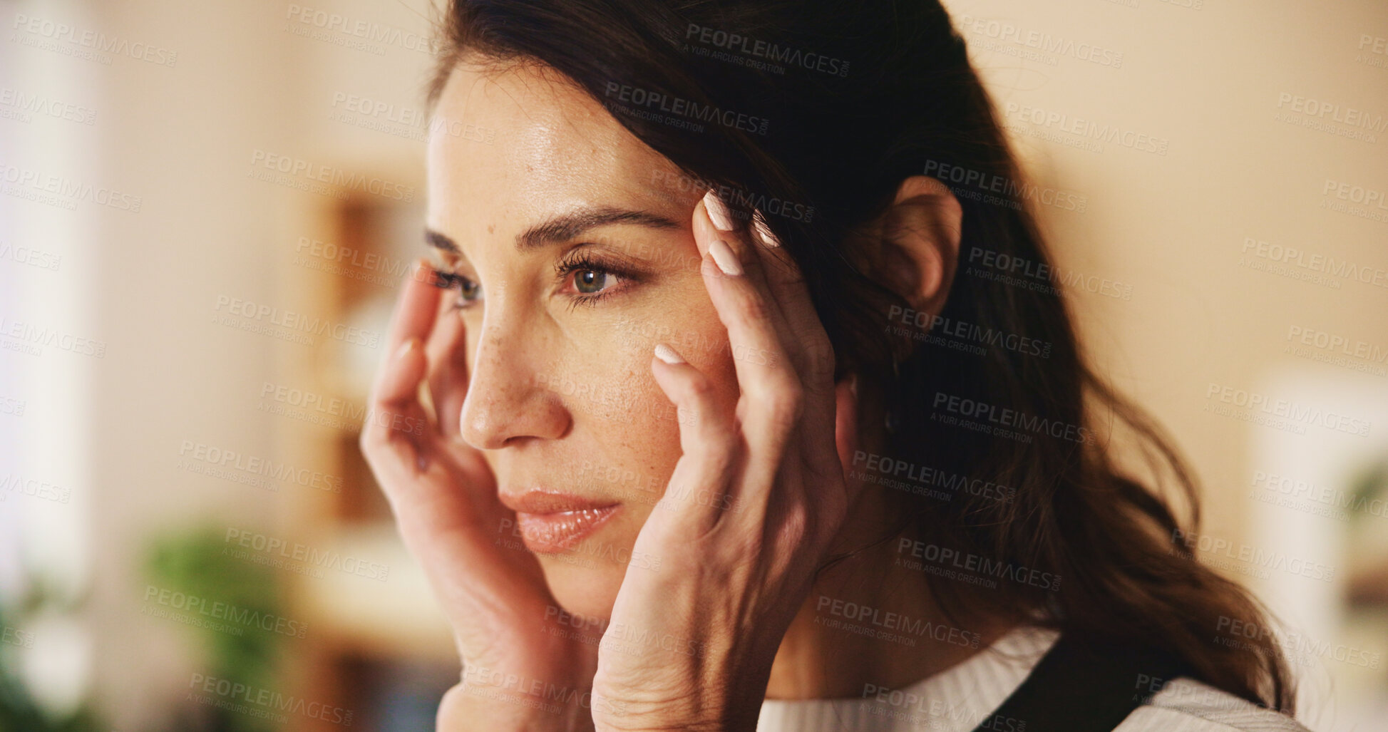 Buy stock photo Home, woman and hands with headache for stress, overthinking or fatigue for freelance deadline. House, female person and designer with massage temple for migraine, burnout or pain strain in apartment