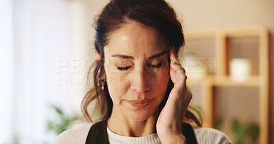 Buy stock photo Home, woman and pain with headache for burnout, overthinking and fatigue for freelance deadline. House, female person and designer with massage temple for migraine, stress and eye strain in apartment