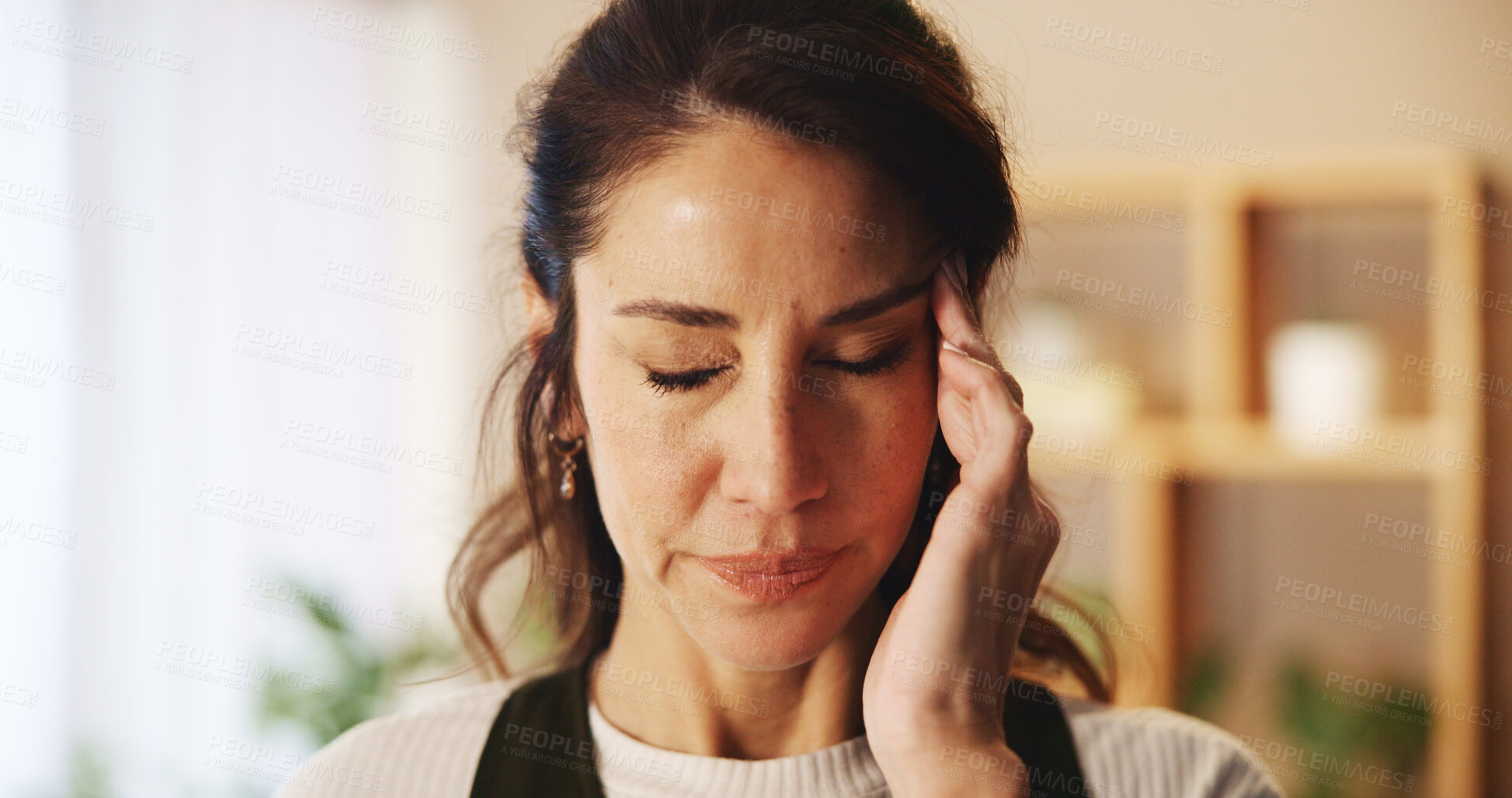 Buy stock photo Home, woman and pain with headache for burnout, overthinking and fatigue for freelance deadline. House, female person and designer with massage temple for migraine, stress and eye strain in apartment