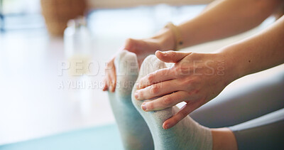 Buy stock photo Woman, hands or stretching feet on mat in home for flexibility for physical health, fitness training or exercise. Closeup, legs warm up or girl athlete with wellness, workout or mobility in pilates