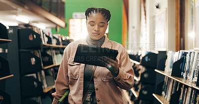 Buy stock photo African, woman and student with tablet in library for research information, university news and study schedule. Girl, digital and reading online with education ebook, exam results and project report