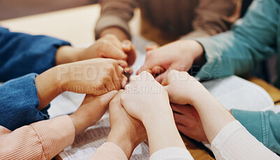 Buy stock photo Spiritual, holding hands and group with faith, praying and friends with belief, Christian and God. Respect, religion and circle of people, bible study and worship of holy spirit, guide and scripture