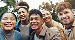 Selfie, students and happy in portrait on campus for university memory, social media post or profile picture update. Study group, diversity and friends in photograph at college with laughing or smile