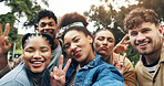 Selfie, students or peace sign in portrait at university for campus memory, social media post or profile picture update. Study group, diversity or friends in photograph at college with break or happy