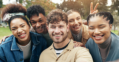 Buy stock photo Selfie, students or smile in portrait on campus for university memory, social media post or profile picture update. Study group, diversity or friends in photograph at college with peace sign or happy